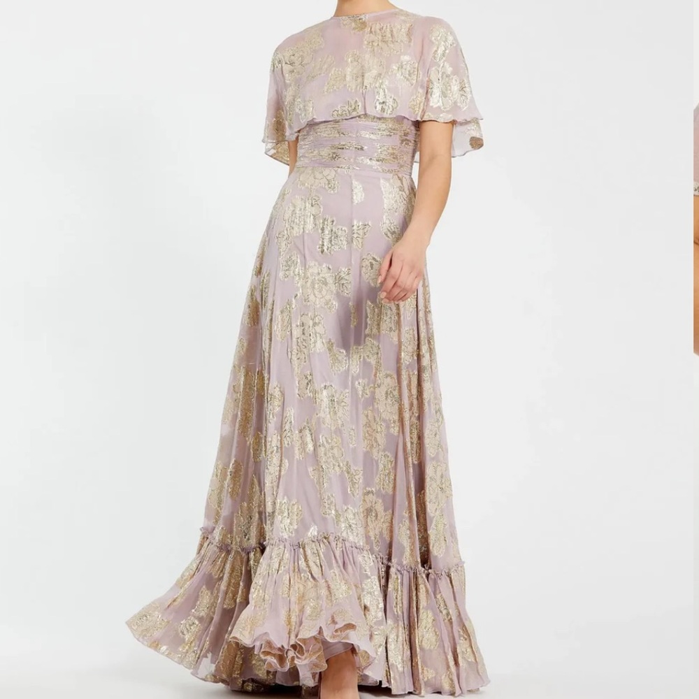 Mac Duggal Illusion Crew Neck Capelet Sleeve Embroider Chiffon Gown